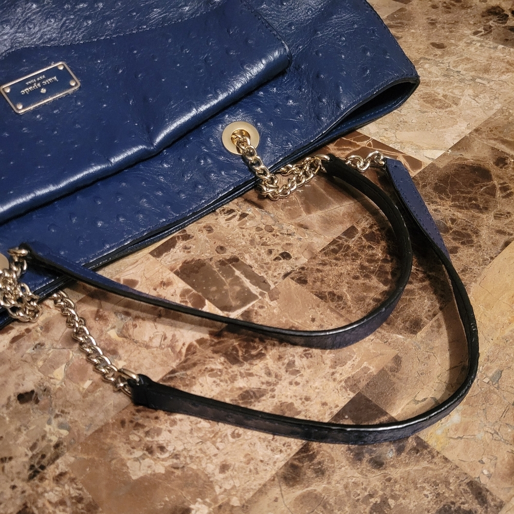 Kate ♠️ Spade La Vita Blue Ostrich Leather Women's Tote Bag - Picture 4 of 13